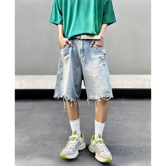 Unisex Denim Jorts Baggy Ripped Rhinestone Mid-Low Bermuda Streetwear - Picture 2 of 6